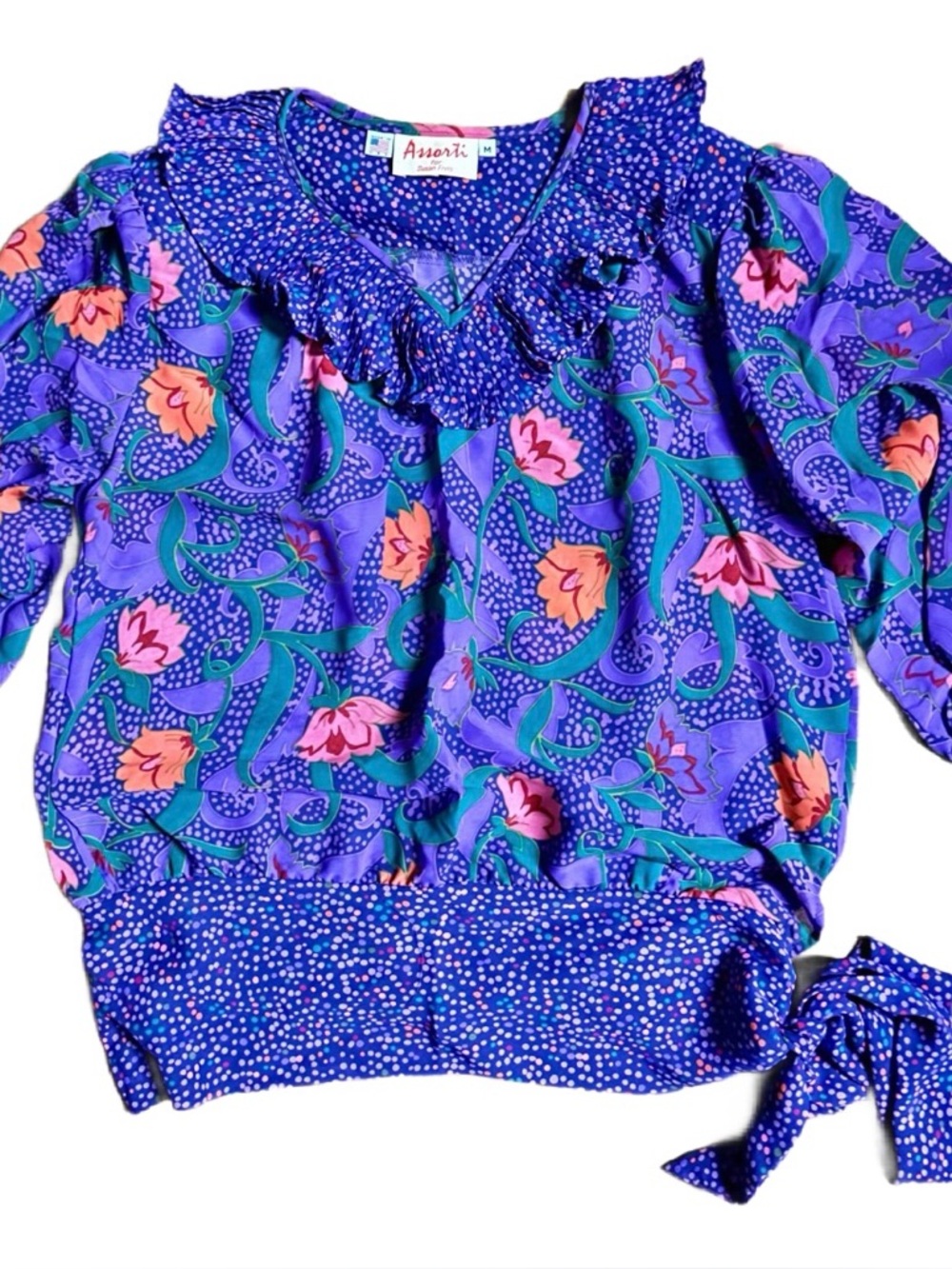 Susan Freis (Assorti) Medium Boho Purple/Pink W/ Floral & Polka Dots Blouse